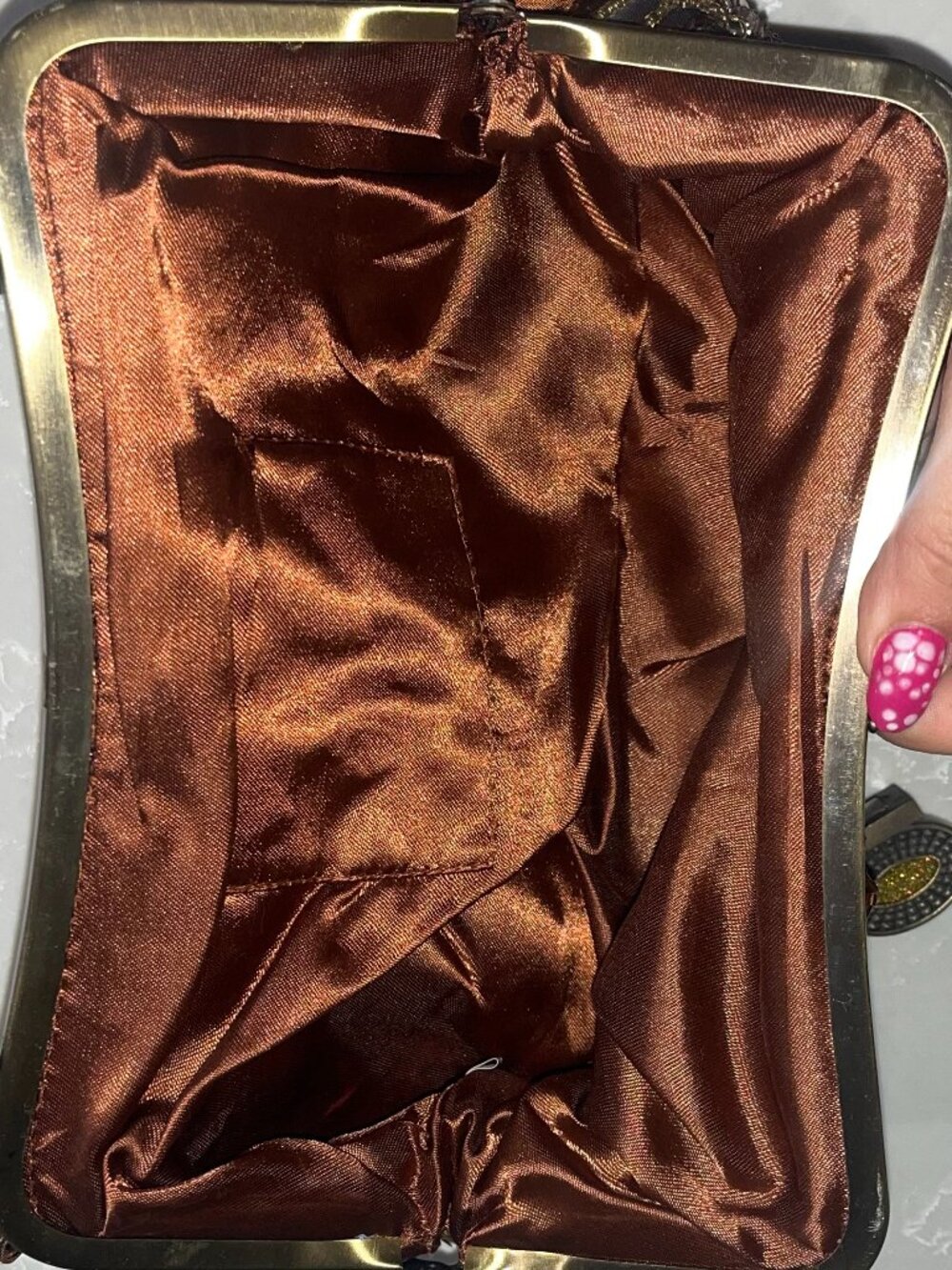 Brown Vintage Beaded Clutch Satin Interior - Picture 2 of 4